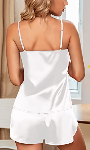 Womens Silk Satin Pajamas Loungewear Two-piece Sleepwear Cami Shorts Pj Set White XXL