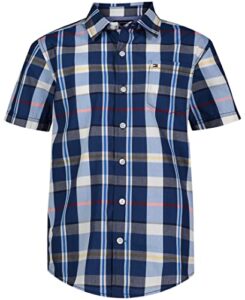 tommy hilfiger boys' short sleeve woven button down shirt, navy blazer plaid, 16-18
