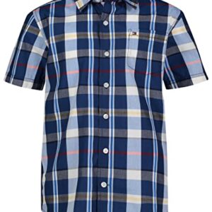 Tommy Hilfiger Boys' Short Sleeve Woven Button Down Shirt, Navy Blazer Plaid, 16-18