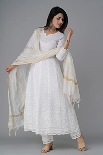 Chikankari Cotton Anarkali Indian Kurti For Women Summer Dress Kurta Pant With Dupatta Set Pakistani Long Kurta-(XXL) White