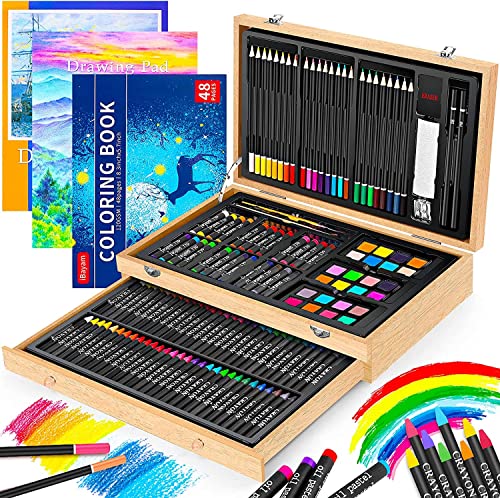 Art Supplies, iBayam 150-Pack Deluxe Wooden Art Set Crafts Drawing Painting Kit with 1 Coloring Book, 2 Sketch Pads, Creative Gift Box for Adults Artist Beginners Kids Girls Boys