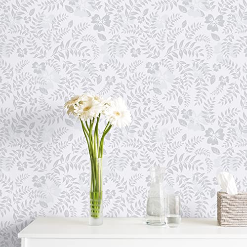 VEELIKE Grey Floral Peel and Stick Wallpaper Boho Breezy Leaves Floral Wallpaper 17.7''x118'' Removable Floral Wallpaper Self Adhesive Grey Contact Paper for Bathroom Walls Cabinets Drawer Liners