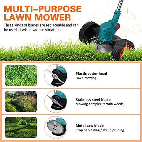 Cordless String Trimmer, 21V Grass Trimmer with Wheels, Edger Lawn Tool,Electric Weed Lawn Eater Edger Grass String Trimmer Cutter Portable with 2 Batteries (Blue)