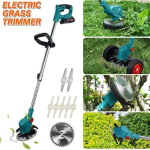 Cordless String Trimmer, 21V Grass Trimmer with Wheels, Edger Lawn Tool,Electric Weed Lawn Eater Edger Grass String Trimmer Cutter Portable with 2 Batteries (Blue)