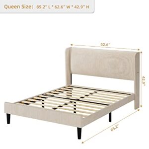 Homhougo Queen Bed Frame, Upholstered Platform Bed with Wingback Headboard, Velvet Upholstered Bed Frame with 2 Storage Pockets, Strong Wooden Slat Support, Easy Assembly, Box Spring Optional, Beige