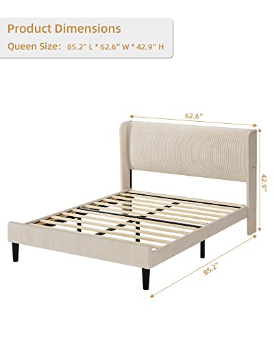 Homhougo Queen Bed Frame, Upholstered Platform Bed with Wingback Headboard, Velvet Upholstered Bed Frame with 2 Storage Pockets, Strong Wooden Slat Support, Easy Assembly, Box Spring Optional, Beige