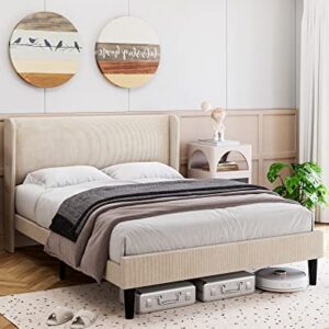 Homhougo Queen Bed Frame, Upholstered Platform Bed with Wingback Headboard, Velvet Upholstered Bed Frame with 2 Storage Pockets, Strong Wooden Slat Support, Easy Assembly, Box Spring Optional, Beige