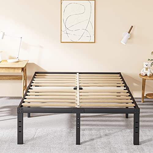 Cleaniago Queen Bed Frame, Extra Wide Wood Slats Support for Foam Mattress, 16 Inch Tall, No Box Spring Needed, Noise Free, Anti-Slip, Easy Assembly, Black