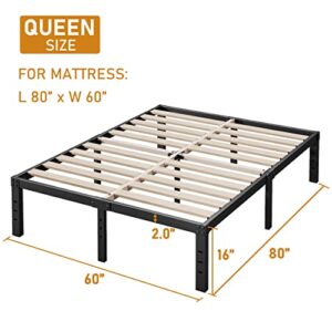 Cleaniago Queen Bed Frame, Extra Wide Wood Slats Support for Foam Mattress, 16 Inch Tall, No Box Spring Needed, Noise Free, Anti-Slip, Easy Assembly, Black