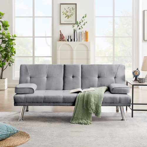 Anwickmak Convertible Folding Futon Sofa Bed, Fabric Linen Upholstered Modern Couch Loveseat Sleeper, Folding Daybed Guest Bed, Removable Armrests, 2 Cup Holders, Metal Legs (Gray)
