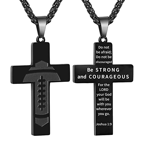 GLITTO Football Cross Necklace for Boys Men Stainless Steel Cross Pendant Chain Religious Christian Baptism First Communion Confirmation Gifts Gear Accessories Jewelry Gifts East Basket Stuffers Valentine's Day Joshua 1:9 Black