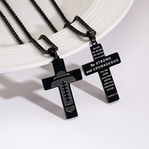 GLITTO Football Cross Necklace for Boys Men Stainless Steel Cross Pendant Chain Religious Christian Baptism First Communion Confirmation Gifts Gear Accessories Jewelry Gifts East Basket Stuffers Valentine's Day Joshua 1:9 Black