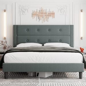 feonase king size bed frame, modern velvet upholstered platform bed frame with button tufting headboard, solid wood slats support, no box spring needed, easy assembly, grey