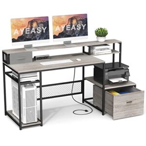 ayeasy home office desk with monitor stand shelf, 66 inch large computer desk with power outlet and usb charging port, computer table with drawers and storage shelves, study writing desk, wash gray