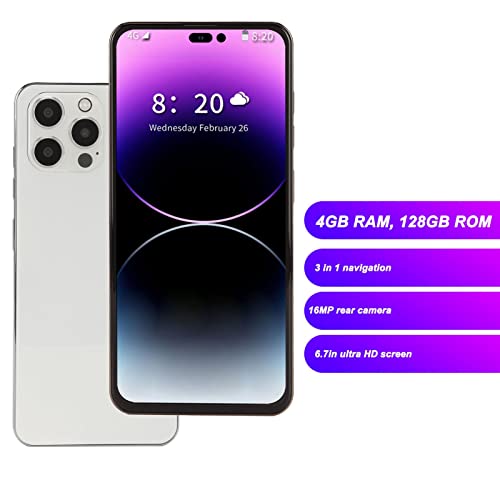 I14proMax Smartphone, Unlocked Cell Phone for Android10, 4G Network Dual SIM, 6.7 Inch 2G 16G Storage, 4000mAh Battery, 13MP 5MP Camera, GPS WiFi Bluetooth5.0 (White)