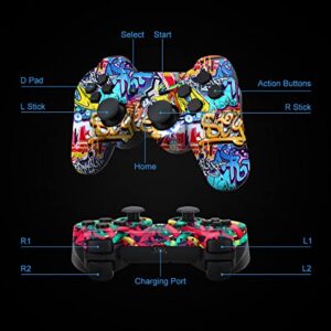 Yinjie PS3 Controller, Wireless PS3 Controller 2 Pack, Built in 800mAh Large Capacity Battery, with 2 USB Cables, Perfect Replacement for Sony Playstation 3 Controller, Graffiti Style