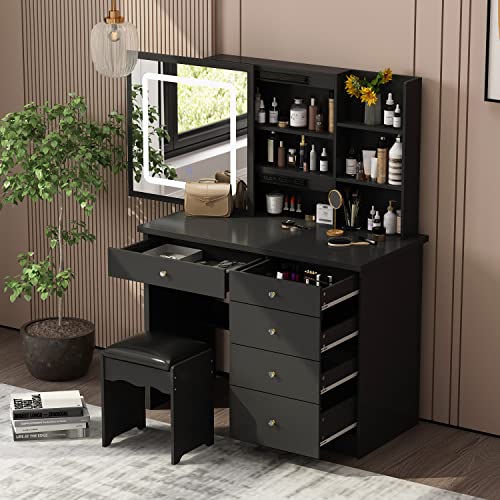 AIEGLE Large Vanity Desk Set with Sliding Lighted Mirror, Makeup Dressing Table with Hidden Shelves & Cushioned Stool, Black - Sliding Lighted Mirror