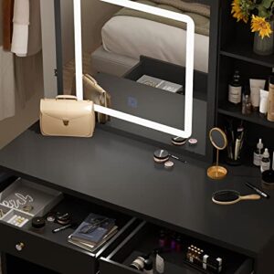 AIEGLE Large Vanity Desk Set with Sliding Lighted Mirror, Makeup Dressing Table with Hidden Shelves & Cushioned Stool, Black - Sliding Lighted Mirror