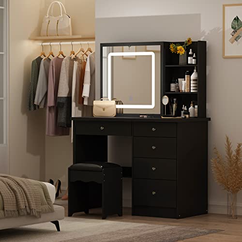 AIEGLE Large Vanity Desk Set with Sliding Lighted Mirror, Makeup Dressing Table with Hidden Shelves & Cushioned Stool, Black - Sliding Lighted Mirror