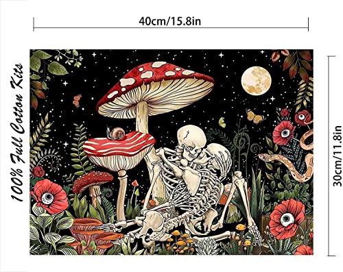 Mushroom Stamped Cross Stitch Kits, Skeleton Trippy Flower Plant Cross Stitch Ornament Kits for Adults Beginners,Hippie Cool Nature Moon Star Cross-Stitch Stamped Kits for Home Wall Decor 12x16 inch