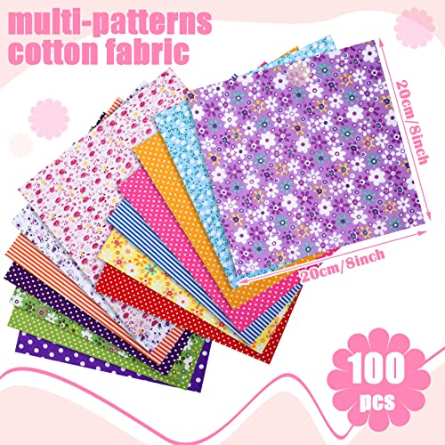 100 Pcs 8 x 8 Inch Cotton Fabric Square Patchwork Fabrics No Repeat Cotton Printed Floral Craft Quilting Fabric Craft Flower Fabric Patchwork Bundles for DIY Handmade Cloths Sewing Supplies