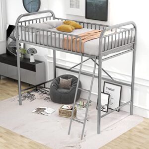 Merax Twin Size Metal Loft Bed, No Box Spring Needed, Silver