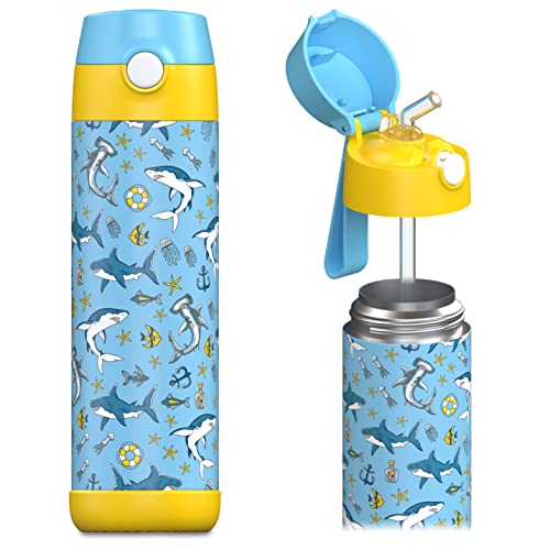 JARLSON kids water bottle with straw - CHARLI - insulated stainless steel water bottle - thermos - girls/boys (Shark 'Mosaic', 18 oz)