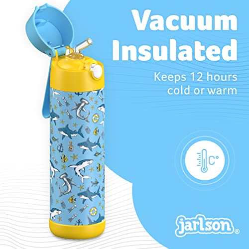 JARLSON kids water bottle with straw - CHARLI - insulated stainless steel water bottle - thermos - girls/boys (Shark 'Mosaic', 18 oz)