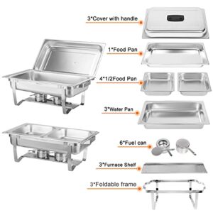 Perossia 5 Pans Chafing Dish Buffet Set Stainless Steel 8QT with Full Size and 4 1/2 Size Pans Portable Serve Food Warmer for Catering Parties Wedding Graduation Commercial Events, 3 Packs Silver