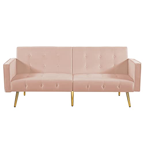 hansones Modern Velvet Button Tufted Folding Futon Sofa Bed with Armrest and Metal Legs for Living Room (Pink)