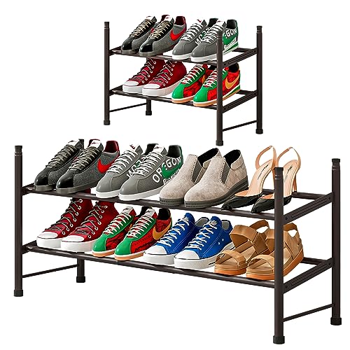 YIZAIJIA Shoe Rack Organizer 2 Tier Metal Expandable Storage Adjustable Shoe Shelf Free Standing Shoe Rack for Entryway Closet Doorway,Bronze