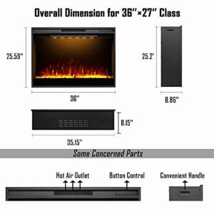 Masarflame 36 Inches Electric Fireplace, Ultra-Narrow Bezel Recessed Electric Fireplace Insert, Fireplace Heater with Adjustable Top Light, Timer, Thermostat, Remote Control, 750W/1500W