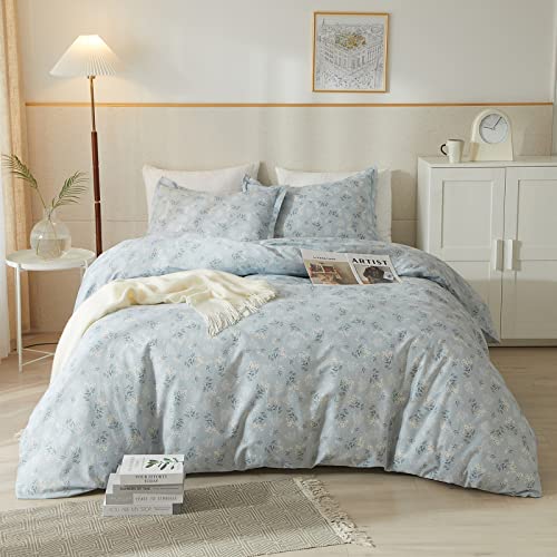 HighBuy Boho Floral Duvet Cover Queen Cotton Aesthetic Blue Floral Queen Comforter Cover Set Lightweight Soft Garden Style Bedding Set Duvet Cover Set Zipper Closure Breathable