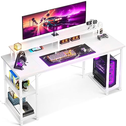 ODK 63 inch Computer Desk with Monitor Shelf and Storage Shelves, Gaming Desk, Study Table with CPU Stand & Reversible Shelves, White