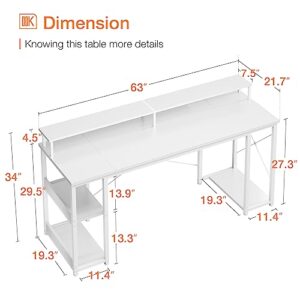 ODK 63 inch Computer Desk with Monitor Shelf and Storage Shelves, Gaming Desk, Study Table with CPU Stand & Reversible Shelves, White