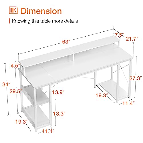 ODK 63 inch Computer Desk with Monitor Shelf and Storage Shelves, Gaming Desk, Study Table with CPU Stand & Reversible Shelves, White