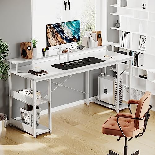 ODK 63 inch Computer Desk with Monitor Shelf and Storage Shelves, Gaming Desk, Study Table with CPU Stand & Reversible Shelves, White