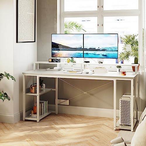 ODK 63 inch Computer Desk with Monitor Shelf and Storage Shelves, Gaming Desk, Study Table with CPU Stand & Reversible Shelves, White