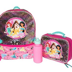 Disney Princess 4 Piece Backpack Set, Flip Sequin 16" School Bag for Girls with Front Zip Pocket, Pink