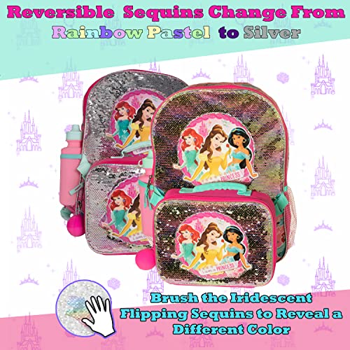 Disney Princess 4 Piece Backpack Set, Flip Sequin 16" School Bag for Girls with Front Zip Pocket, Pink