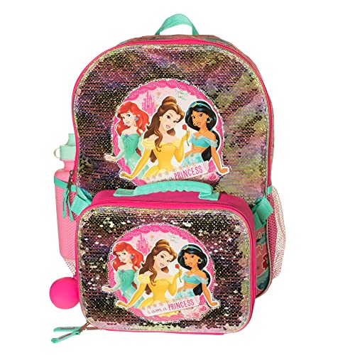 Disney Princess 4 Piece Backpack Set, Flip Sequin 16" School Bag for Girls with Front Zip Pocket, Pink