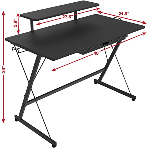 SHW 40 Inches Vista Desk with Monitor Riser, Drawer and Hooks