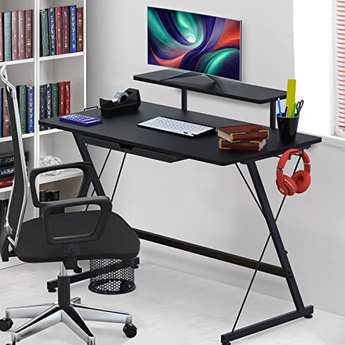 SHW 40 Inches Vista Desk with Monitor Riser, Drawer and Hooks