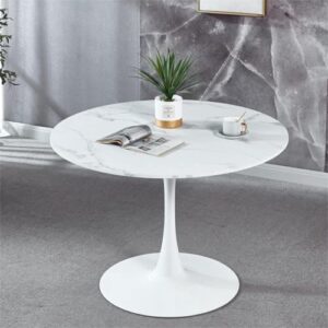 rabsyung 42" round dining table with faux printed marble table top,mid-century white tulip table metal base pedestal table for 4-6 person, leisure coffee table