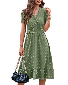 btfbm elegant short sleeve v neck swiss dot midi summer dresses for women 2023 boho ruffle long dresses ruffle cocktail dress（solid green,x-large
