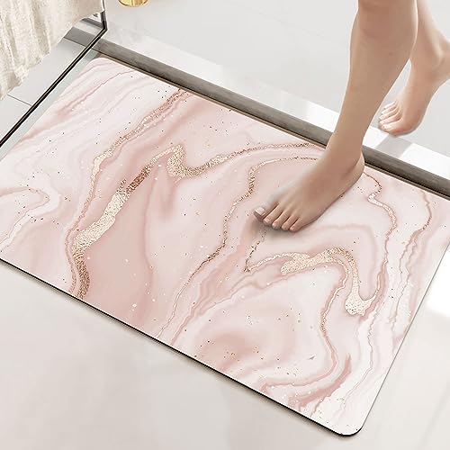 DEXI Bath Mat Rugs Bathroom Floor Mat Super Absorbent Ultra Thin Low Profile Non Slip Quick Dry Washable Carpet for Sink Shower Toilet, 17"x32" Coral Pink