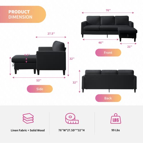 Mixoy 78'' Convertible Sectional Sofa with Storage Ottoman, Small Linen Fabric Sofa with Movable Ottoman, Modern Free Combination L Shaped Couch (Dark Grey)