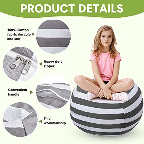 4 Pieces Bean Bag Chair Cover Stuffed Animal Storage 23.62 x 23.62 x 23.62 Inch Stuffable Zipper Beanbag Canvas Stuffed Animal Organizer for Organizing Kid's Plush Toys Adult's Room, White and Gray