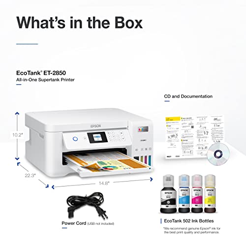 Epson EcoTank ET-2850 Wireless Color All-in-One Cartridge-Free Supertank Inkjet Printer, White - Print Scan Copy - 1.44" LCD Display, 10 ppm, 4800 x 1200 dpi, 2-Sided Printing, Voice-Activated