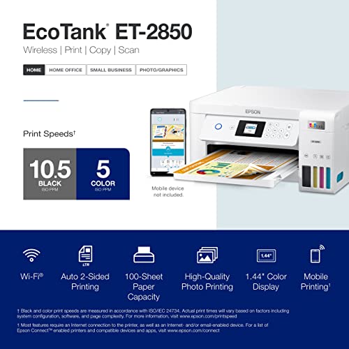 Epson EcoTank ET-2850 Wireless Color All-in-One Cartridge-Free Supertank Inkjet Printer, White - Print Scan Copy - 1.44" LCD Display, 10 ppm, 4800 x 1200 dpi, 2-Sided Printing, Voice-Activated